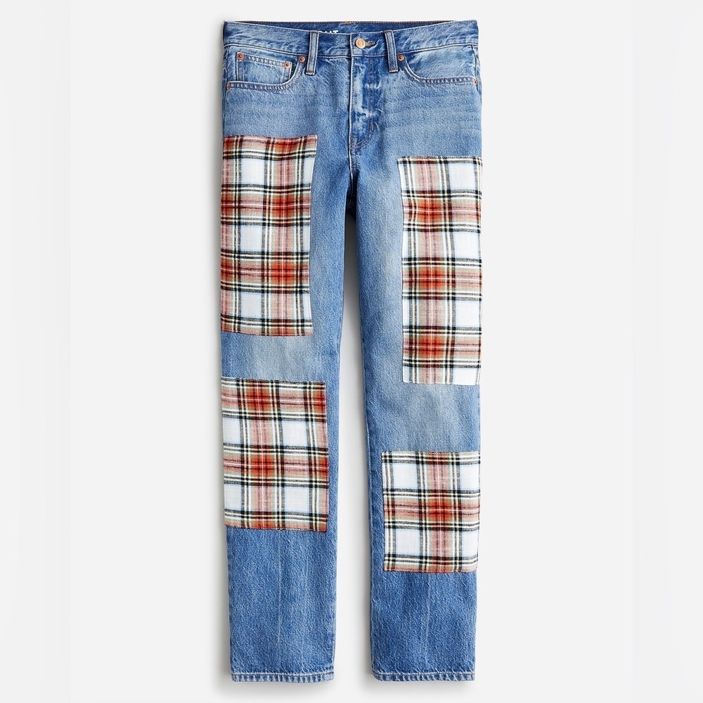 NWT J Crew‎ High Rise '90s Classic Straight Jean Snowy Stewart Tartan Patches